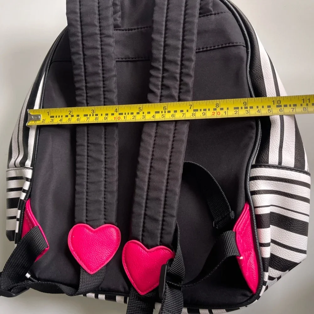Betsey Johnson Mini Backpack Black White Striped Pink Heart inside Floral EUC